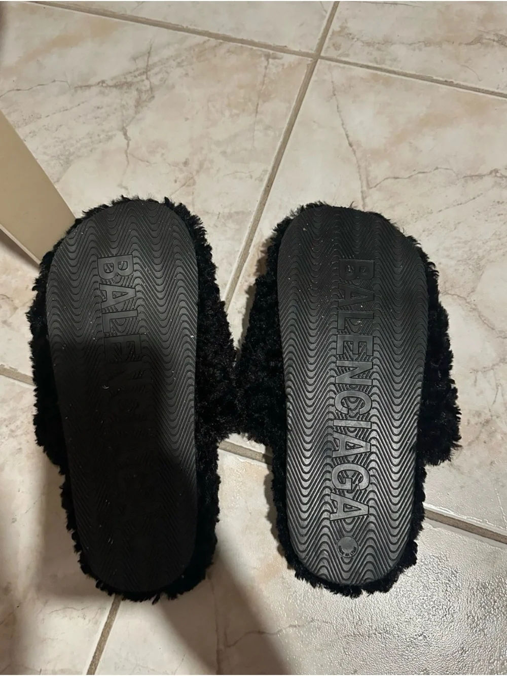 Balenciaga Black Fuzzy Logo Slide Slippers with Red & White Accent